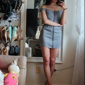 Off the shoulder Houndstooth Front Zip Minidress